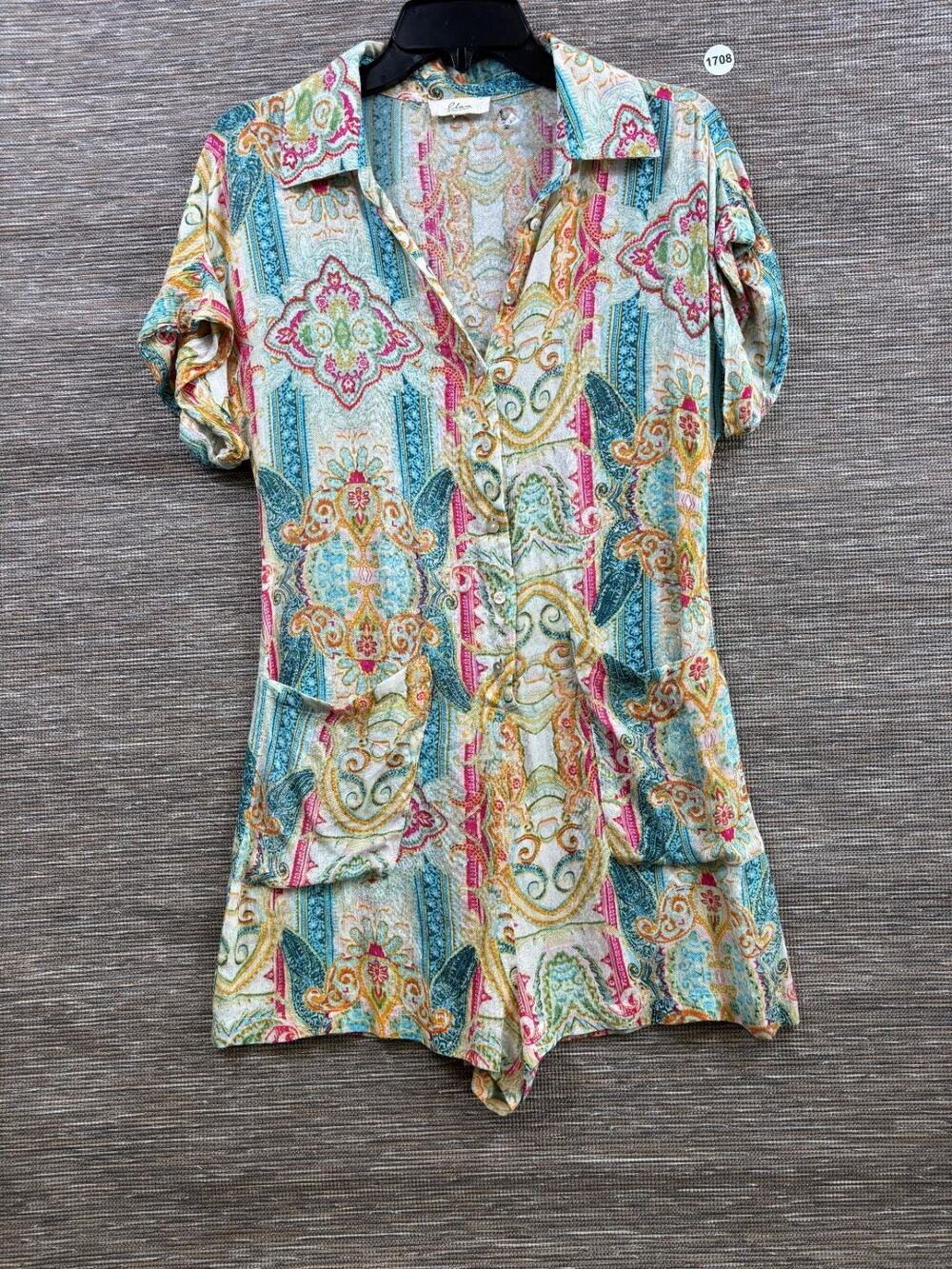 Elan Short Sleeve Romper Womens Size S Paisley Medallion Multicolor Resort Boho